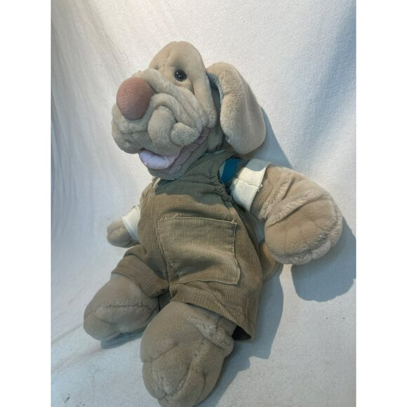 VTG Wrinkles Tan Dog Plush Toy With Brown Corduroy Overalls & Striped Shirt - Picture 2 of 6
